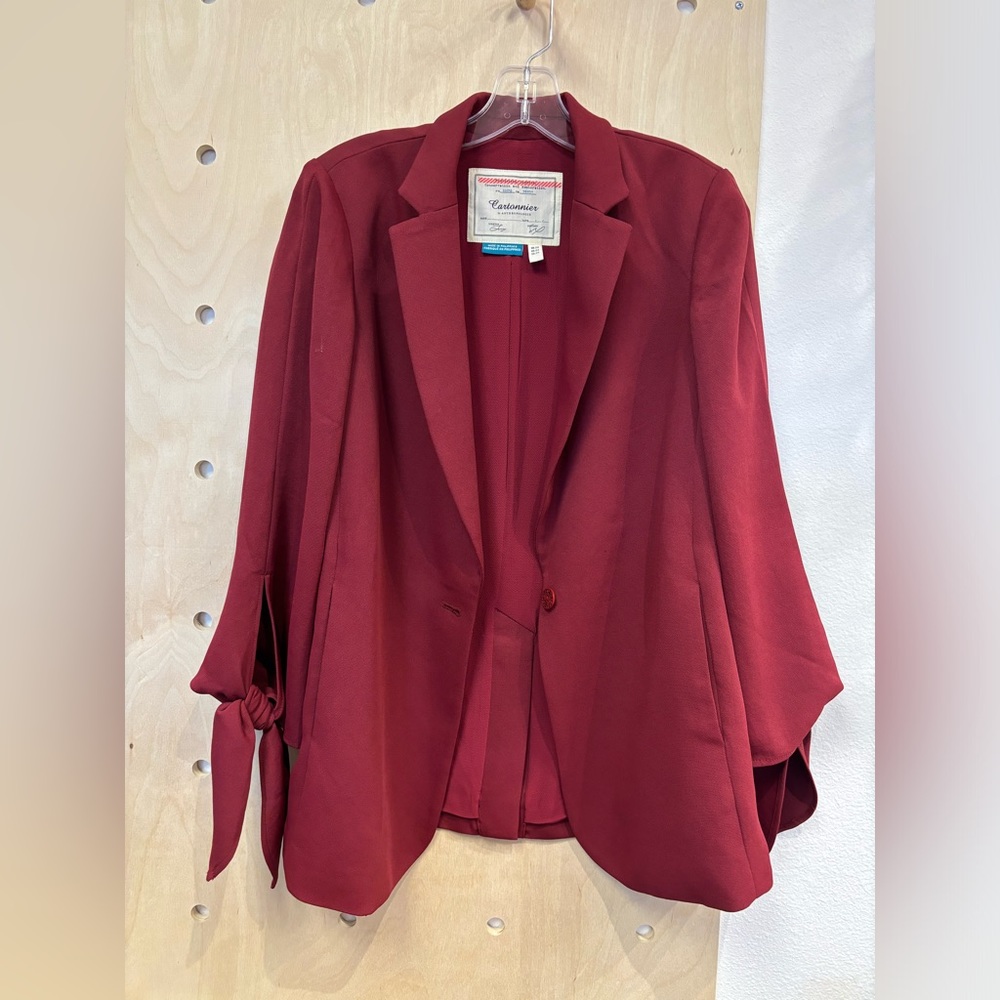 Anthropologie Cartonnier Wine Single Button Blazer with Tie Cuff Detail Size 4
